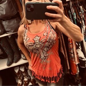 Vocal Women's Coral Fringe Tank Top with Embellished Cross